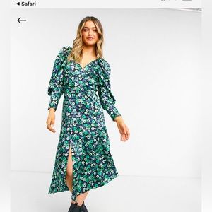 Topshop satin floral print midi dress in green size 6